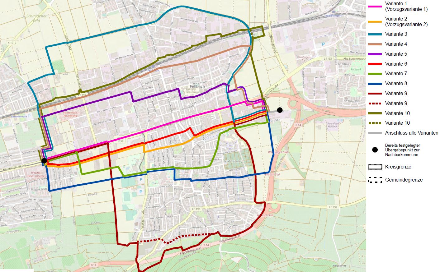Karte - Zehn Varianten eines Radschnellwegs durch Fellbach